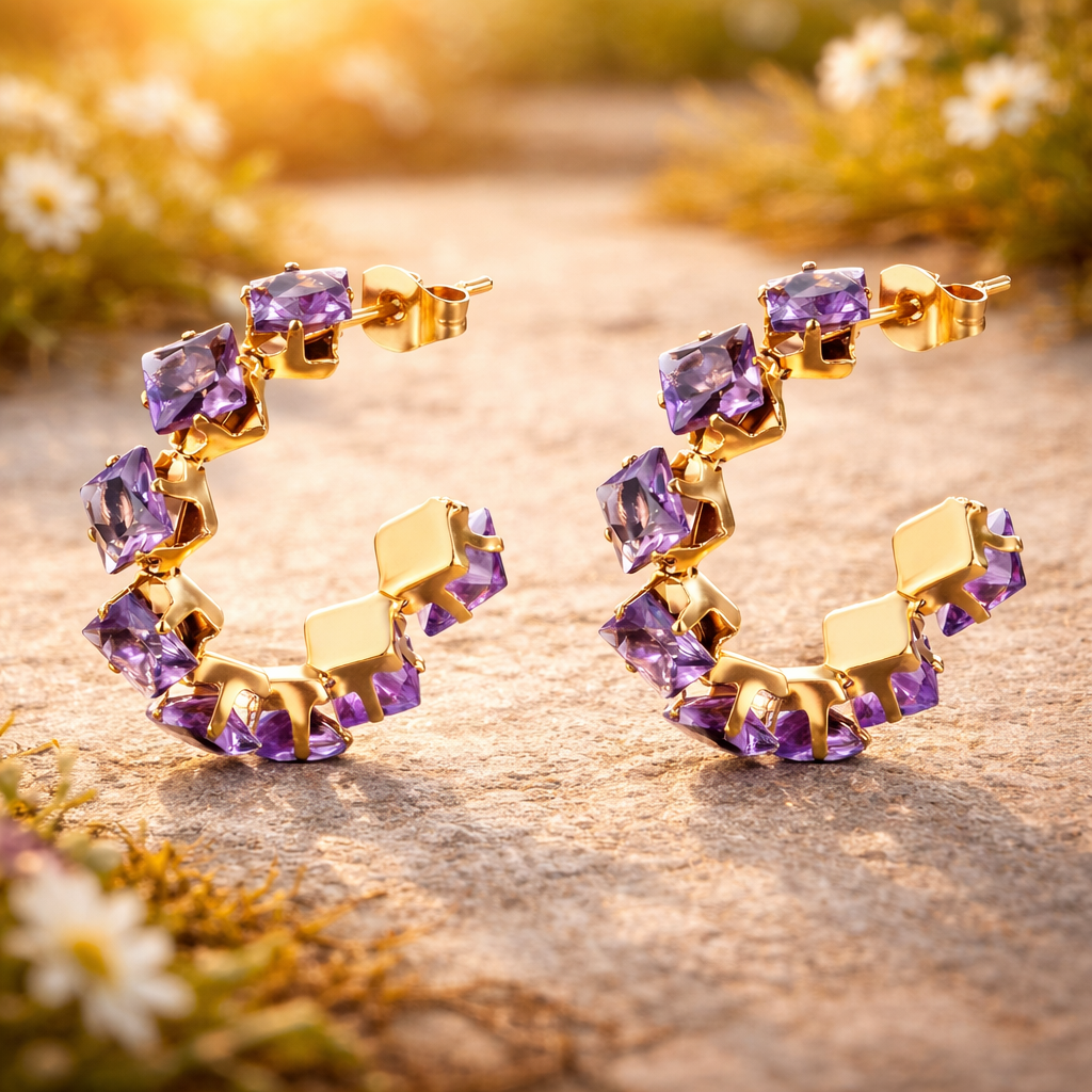 Øredobber med lilla detaljer – Glitrende eleganse i gull