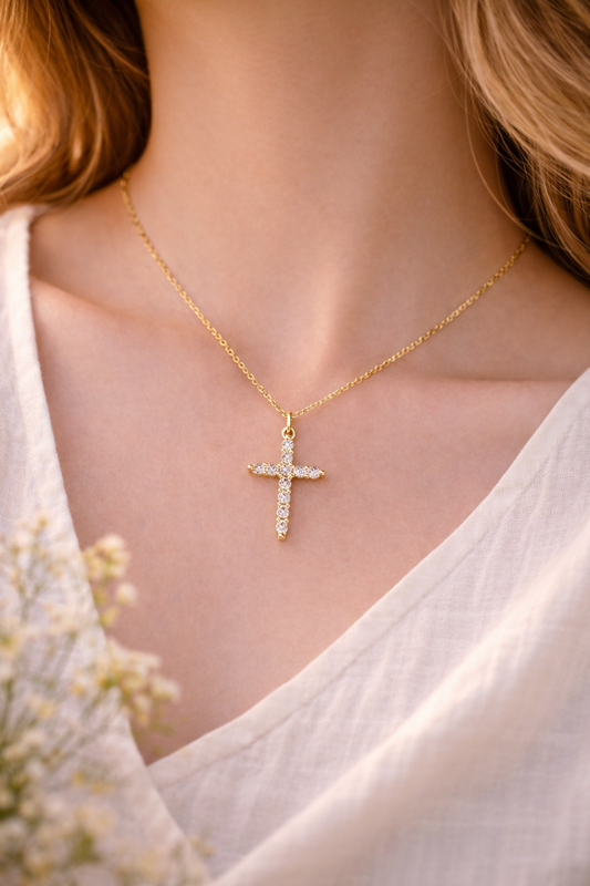 Korshalskjede i 18K gullbelagt stål med glitrende steiner