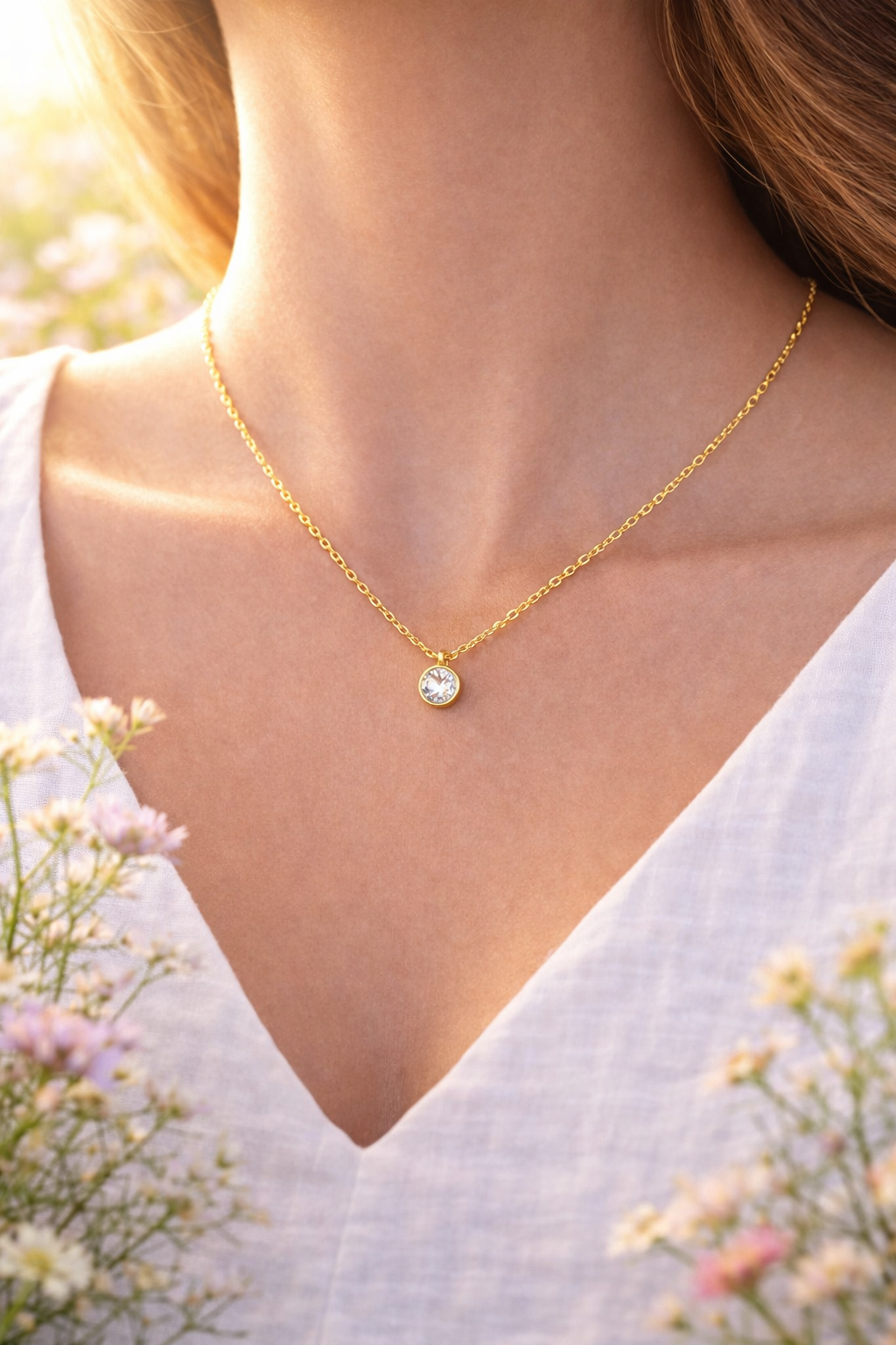 Klassisk 18K gullbelagt halskjede med glitrende anheng