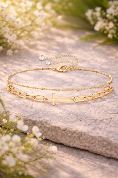 Dobbelt Armbånd med Kors – 18K Gullbelagt Stål